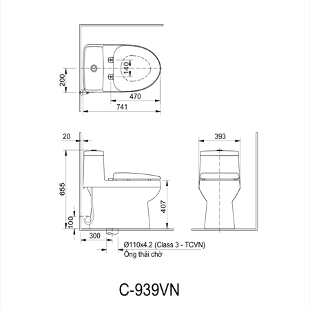 Bản vẽ kĩ thuật Bồn cầu nắp rửa điện tử Inax AC-939+CW-KB22AVN