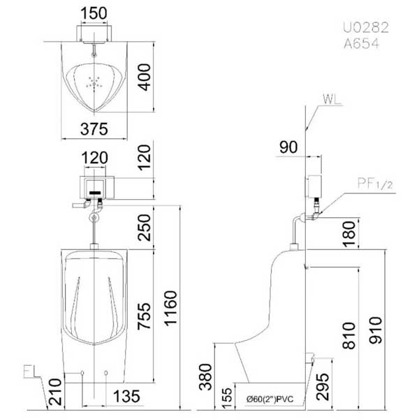 Bệ Tiểu Nam Treo Tường Caesar U0282 8 Bệ Tiểu Nam Treo Tường Caesar U0282
