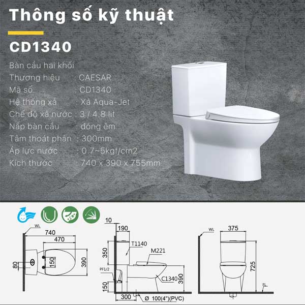 Bồn Cầu Hai Khối Nắp Êm Caesar CD1340