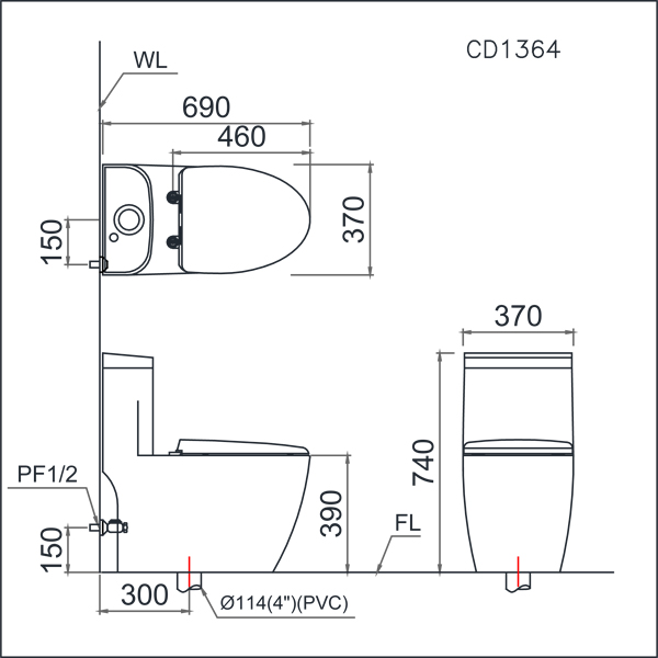 Bản vẽ Bàn Cầu Một Khối Caesar CD1364