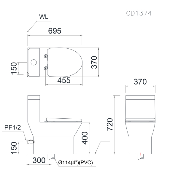 Bản vẽ Bồn Cầu Một Khối Caesar CD1374