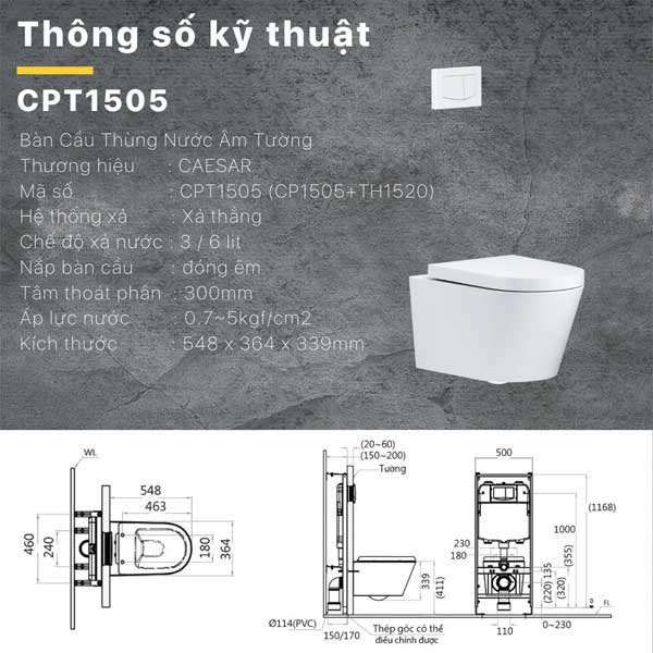 Bồn Cầu Thùng Nước Âm Tường CAESAR CPT1505