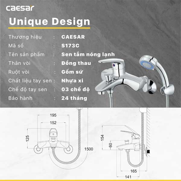Vòi Sen Tắm Nóng Lạnh 3 Chế Độ Caesar S173C