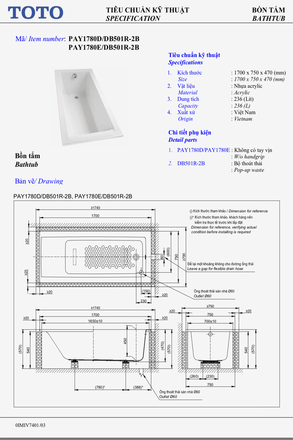 Thông số kĩ thuật bồn tắm TOTO PAY1780D#W/DB501R-2B/TVBF412
