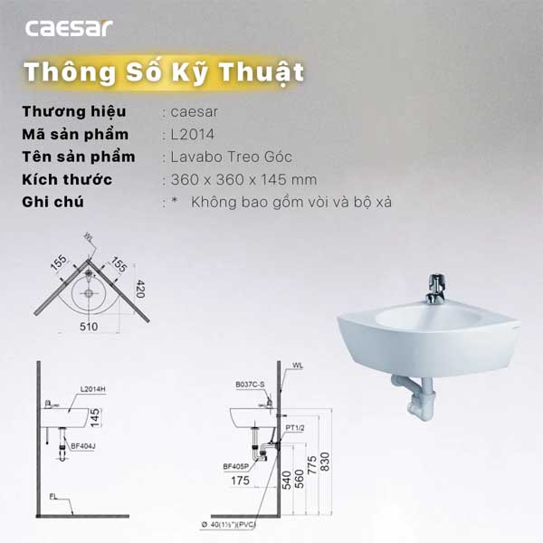 Chậu Rửa Lavabo Góc Treo Tường Caesar L2014 7 Chậu Rửa Lavabo Góc Treo Tường Caesar L2014
