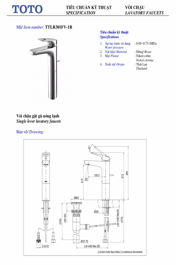 Tiêu chuẩn kĩ thuật Vòi chậu lavabo TOTO TTLR301FV-1
