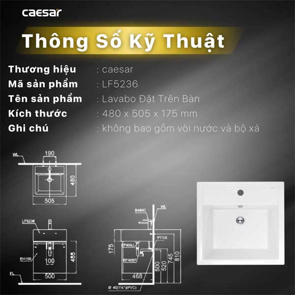 Chậu rửa Lavabo đặt bàn chữ nhật Caesar LF5236