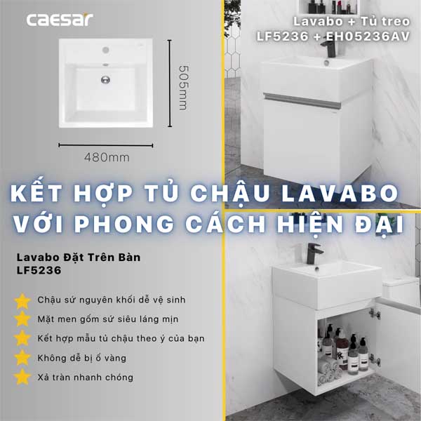 Chậu rửa Lavabo đặt bàn chữ nhật Caesar LF5236