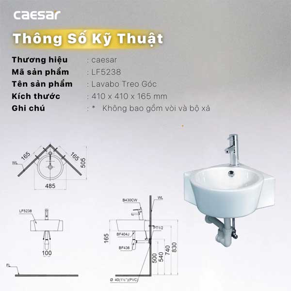 Chậu Rửa Lavabo Treo Góc  Caesar LF5238