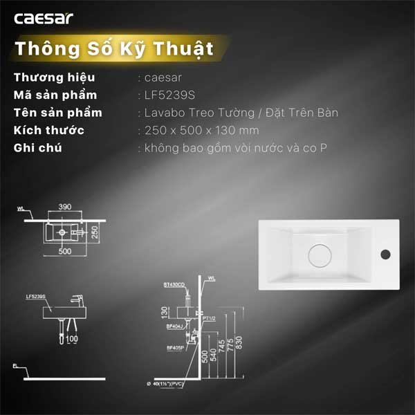 Chậu Rửa Mặt Lavabo Treo Tường ,Đặt bàn CAESAR LF5239S Vòi Phải 