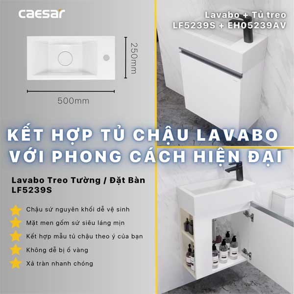 Chậu Rửa Mặt Lavabo Treo Tường ,Đặt bàn CAESAR LF5239S Vòi Phải 