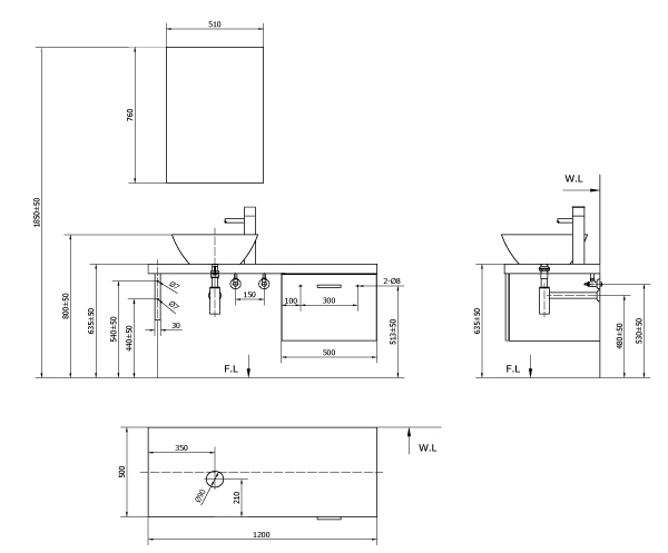 Bản vẽ kĩ thuật Bộ tủ chậu  INAX CB1206-4IF-B