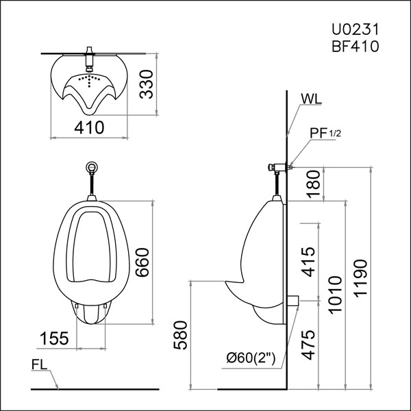 Bản vẽ Tiểu nam treo tường Caesar U0231