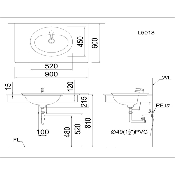 Bản vẽ Chậu rửa Lavabo Caesar L5018