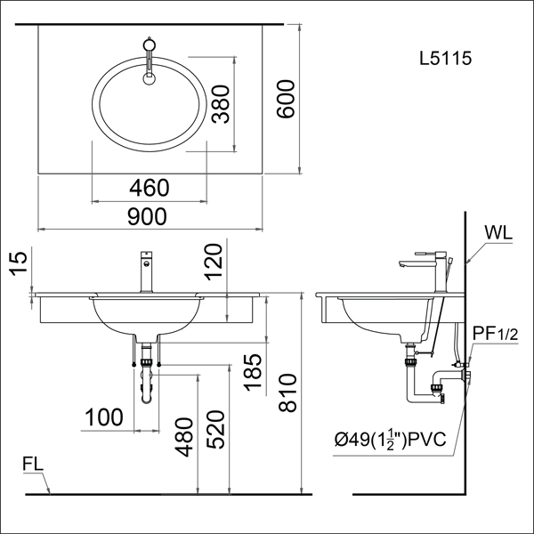 Bản vẽ Chậu rửa âm bàn đá Caesar L5115