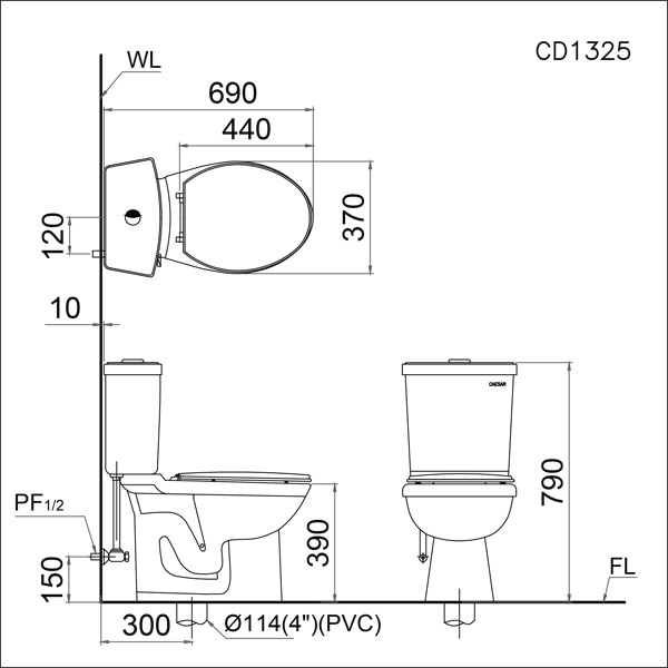 bản vẽ kĩ thuật bồn cầu 2 khối Caesar CD1325