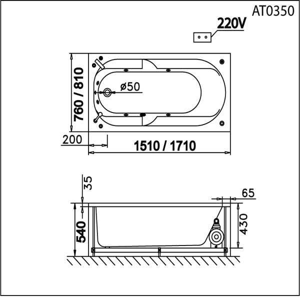 Bản vẽ kỹ thuật bồn tắm AT0350