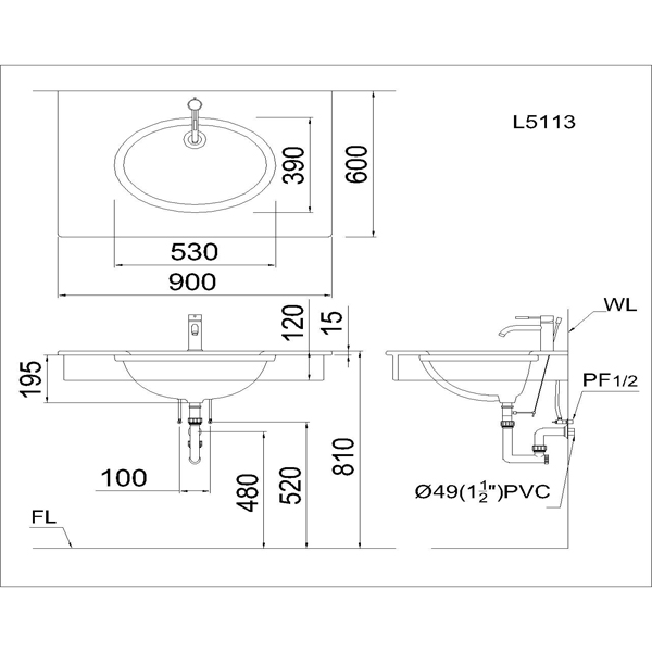 Bản vẽ Chậu rửa âm bàn đá Caesar L5113