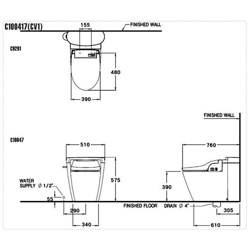 Bản vẽ bàn cầu cảm ứng COTTO C100417(CV1) – Paragon