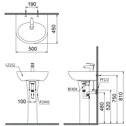 Bản vẽ chậu rửa chân đứng Caesar L2152+P2445