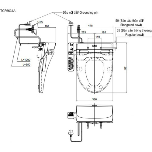 Bản vẽ kỹ thuật nắp bồn cầu TOTO TCF6631A
