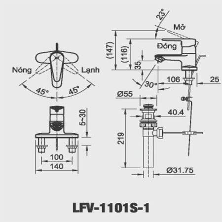 Bản vẽ kĩ thuật Vòi rửa Lavabo nóng lạnh Inax LFV-1101S-1