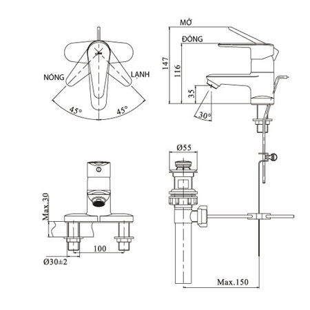 Bản vẽ kĩ thuật Vòi chậu rửa Lavabo nóng lạnh Inax LFV-1102S-1