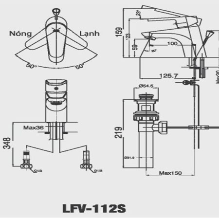 Bản vẽ kĩ thuật Vòi chậu rửa Lavabo nóng lạnh Inax LFV-112S