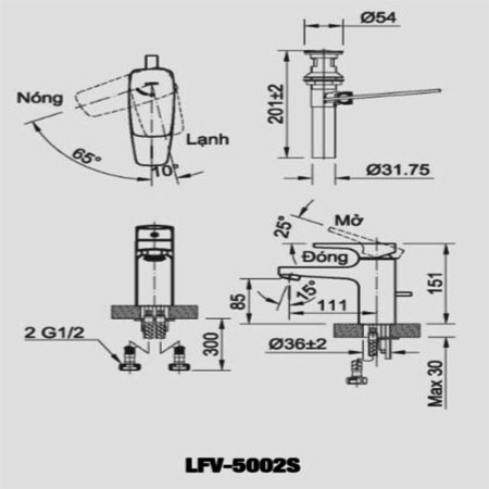 Bản vẽ kĩ thuật Vòi chậu rửa Lavabo nóng lạnh Inax LFV-5002S