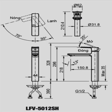 Bản vẽ kĩ thuật Vòi chậu rửa Lavabo nóng lạnh Inax LFV-5012SH