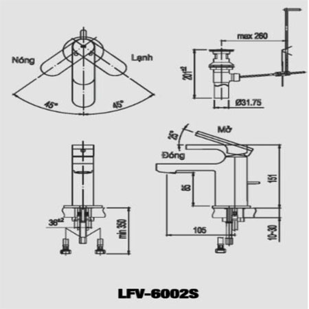 Bản vẽ kĩ thuật Vòi chậu rửa Lavabo nóng lạnh Inax LFV-6002S