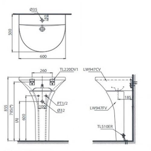 Thông số kỹ thuật Chậu lavabo TOTO LPT947CS chân dài