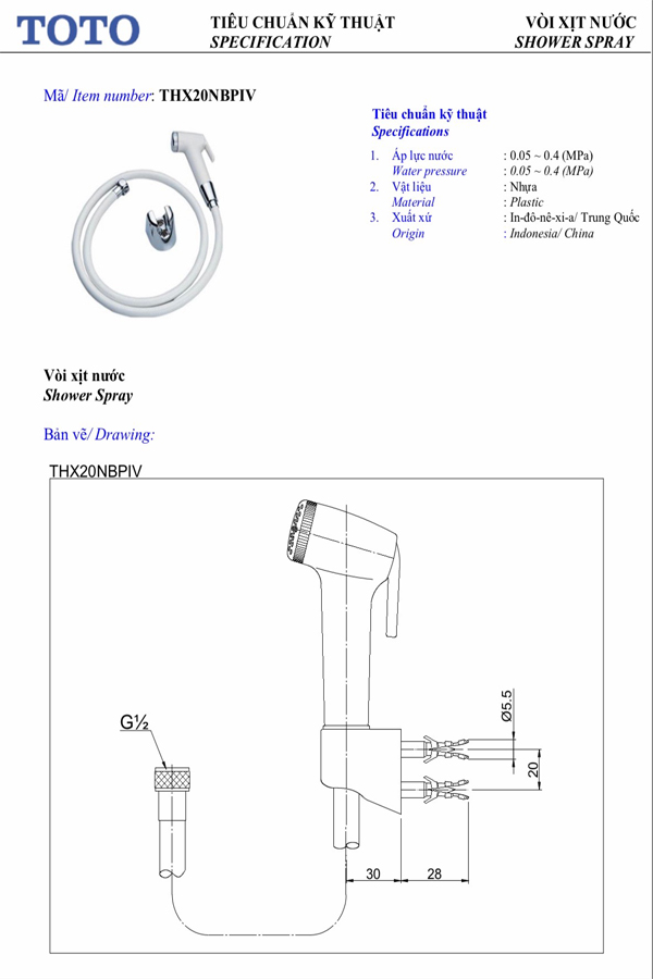 Thông sô kĩ thuật Vòi xịt rửa toilet TOTO THX20NBPIV