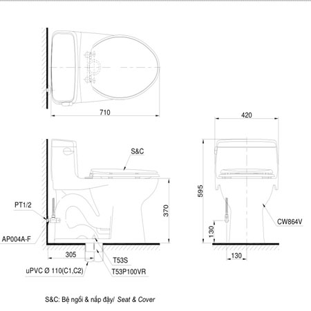 thông số kỹ thuật Bàn cầu TOTO MS864W4 nắp rửa điện tử TCF4731A một khối