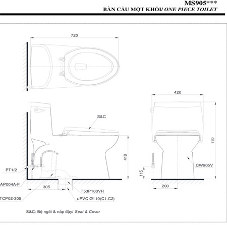 thông số kỹ thuật Bàn cầu TOTO MS905W4 nắp điện tử TCF4731A một khối