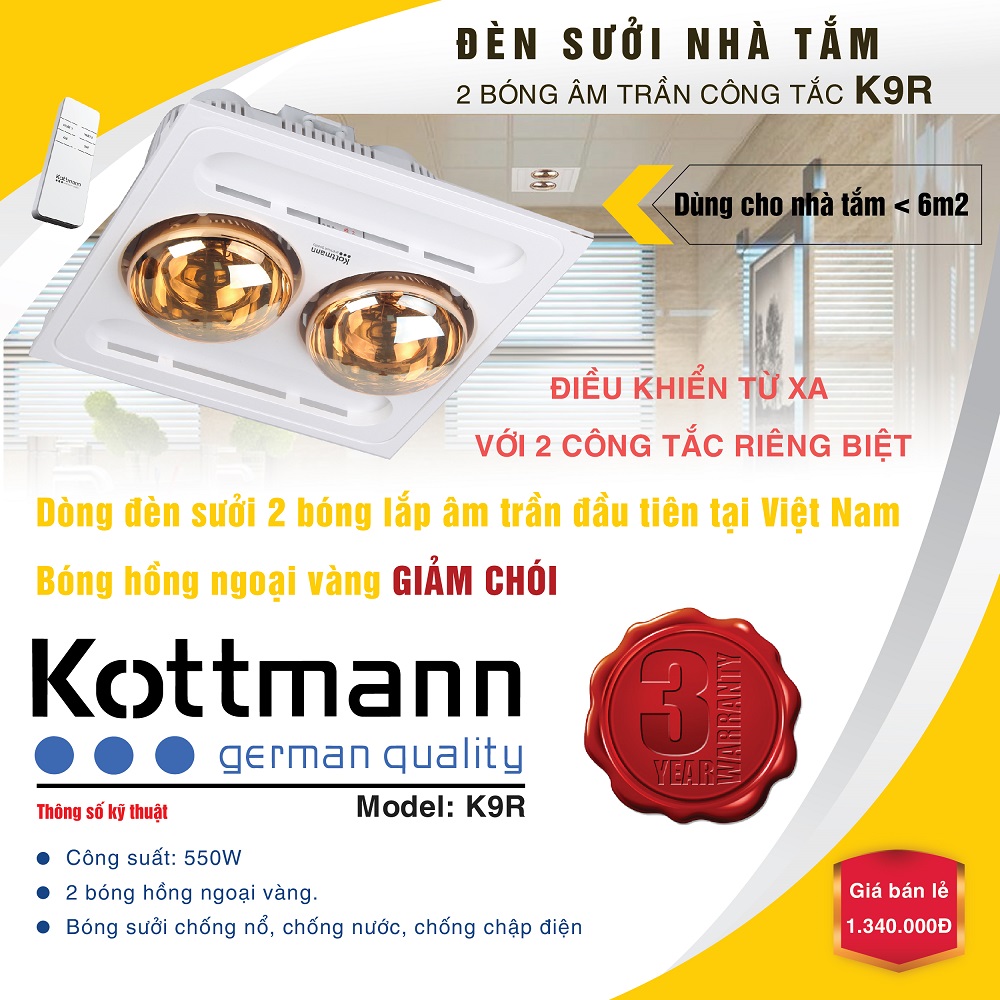 Đèn sưởi 2 bóng âm trần Kotmann K9-R (điều khiển từ xa) 2