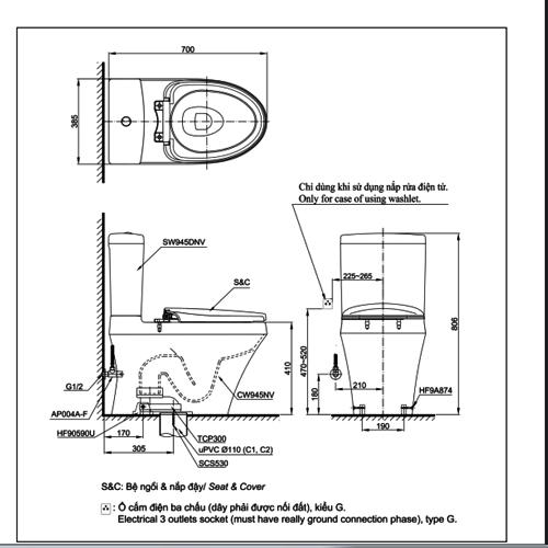 thông số kỹ thuật Bồn cầu TOTO CS945DNW6 nắp rửa điện tử TCF6531Z hai khối