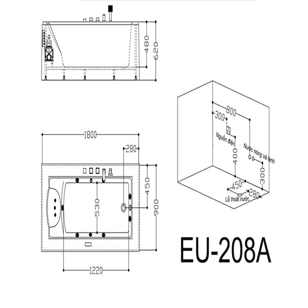 Bản vẽ kỹ thuật Bồn tắm massage Euroking EU-208A