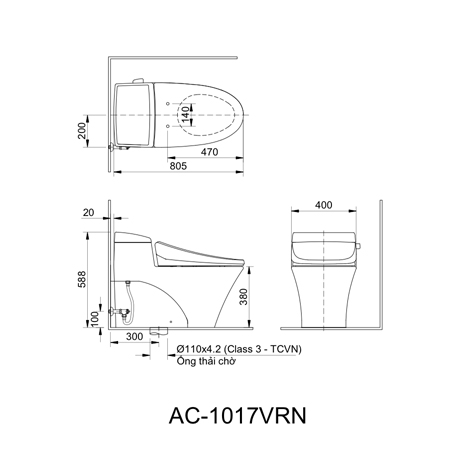      Bản vẽ kỹ thuật bồn cầu một khối inax AC-1017VRN