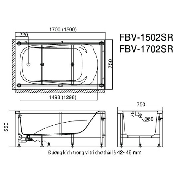 Bản vẽ kĩ thuật Bồn tắm INAX FBV-1502SR 