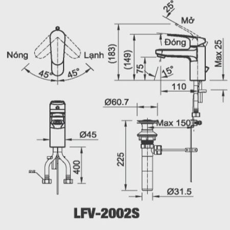 Bản vẽ kĩ thuật Vòi chậu rửa Lavabo nóng lạnh Inax LFV-2002S