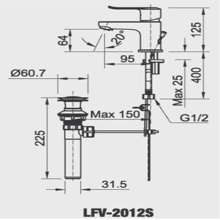 Bản vẽ kĩ thuật Vòi chậu rửa Lavabo nóng lạnh Inax LFV-2012S