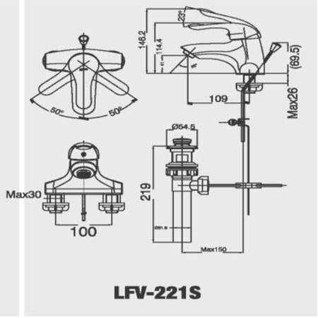 Bản vẽ kĩ thuật Vòi chậu rửa Lavabo nóng lạnh Inax LFV-221S