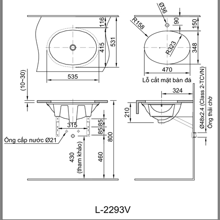         Bản vẽ kỹ thuật chậu rửa âm bàn INAX AL-2293V