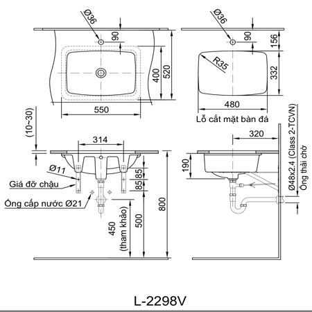       Bản vẽ kỹ thuật chậu rửa âm bàn INAX L-2298V