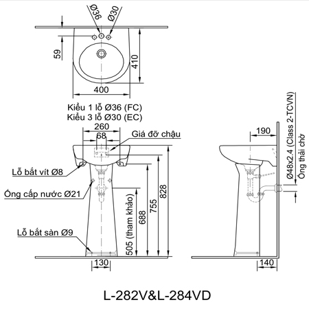 Bản vẽ kĩ thuật chân dài Inax L-284VD