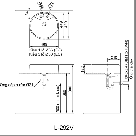 Bản vẽ kỹ thuật chậu rửa bán âm bàn INAX AL-292V