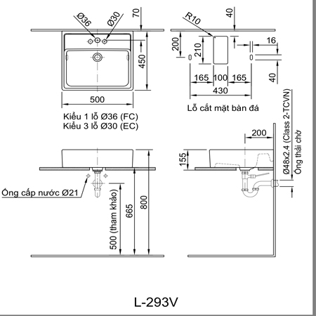 Bản vẽ kĩ thuật Chậu rửa đặt  bàn Inax L-293V 