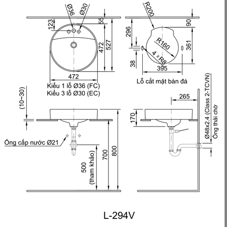           Bản vẽ kỹ thuật chậu lavabo đặt bàn đá inax AL-294V