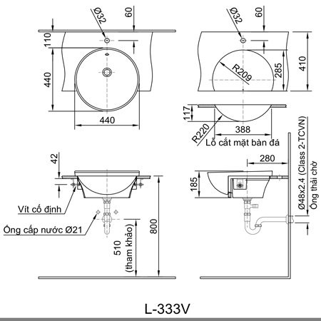  Bản vẽ kỹ thuật Chậu rửa bán âm bàn inax L-333V